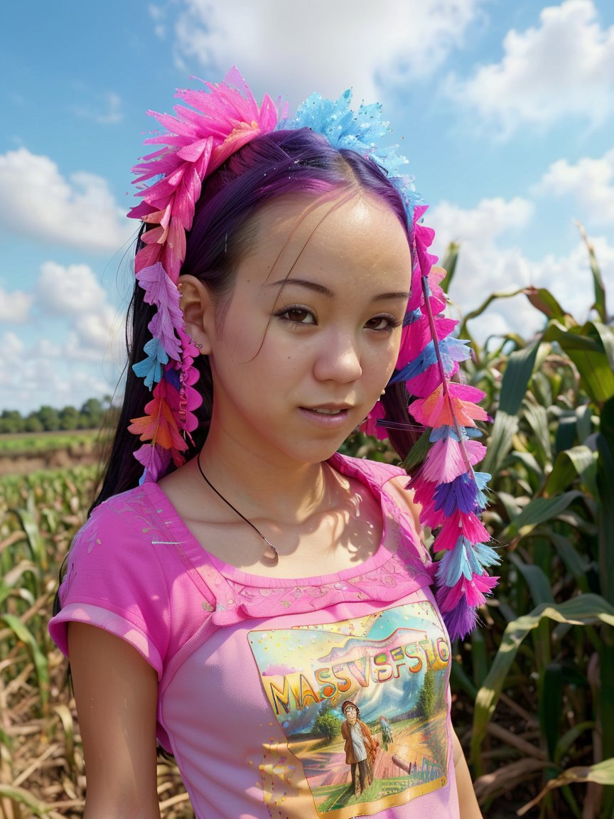 06576-2693595280-4 shot, a sexual pink, wears a pastel costume, standing in a misty overgrown maize field, (masterpiece_1.5) (photorealistic_1.1).jpg